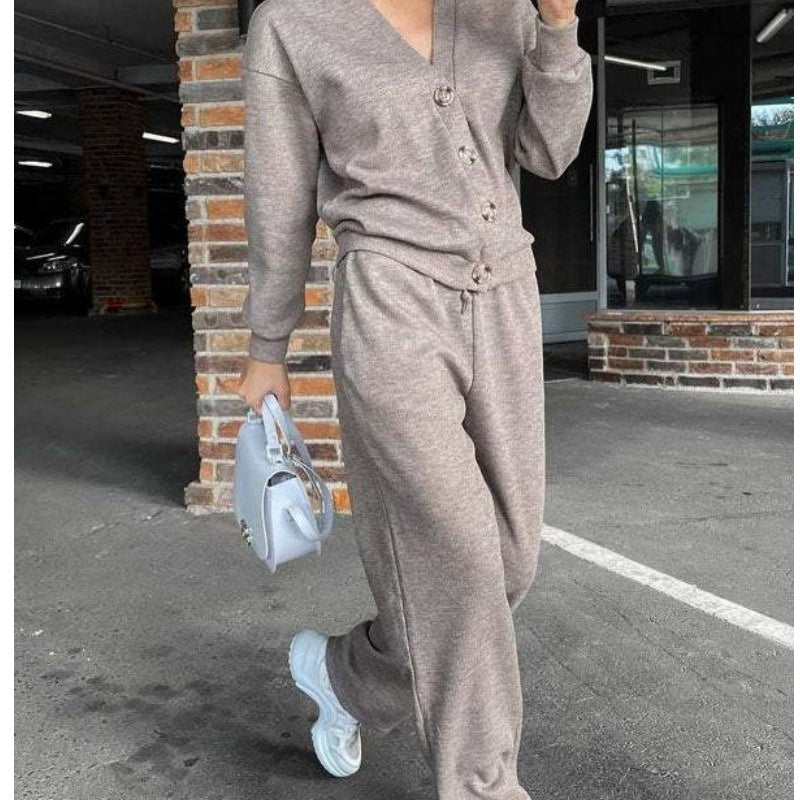 Women's long-sleeve V-neck cardigan and full-length trouser knit set