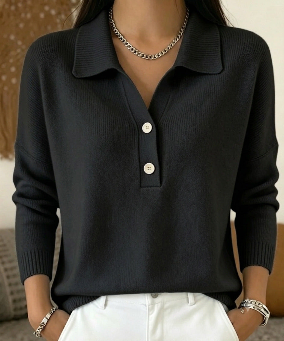Women's long-sleeve polo collar knit sweater with button placket