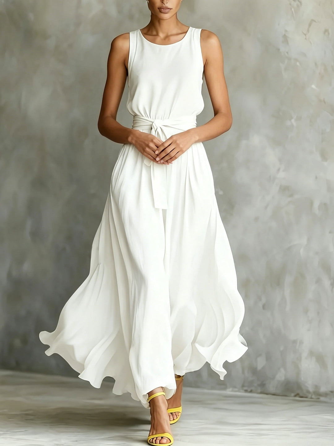 Women's White Maxi Dress | A Line Belted