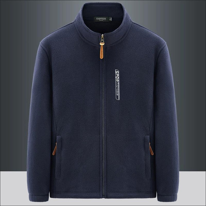 Men's plain fleece jacket with stand collar, full zip front and two zipped pockets