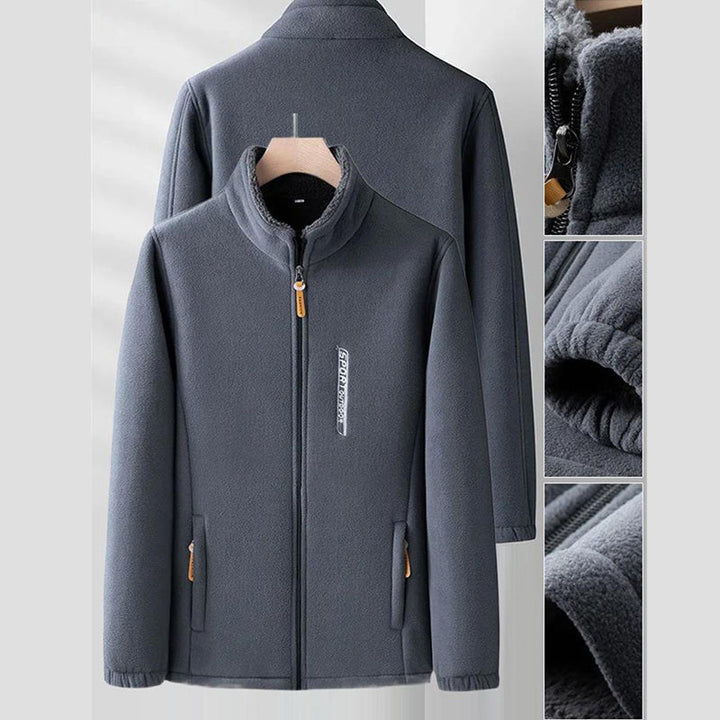 Men's plain fleece jacket with stand collar, full zip front and two zipped pockets