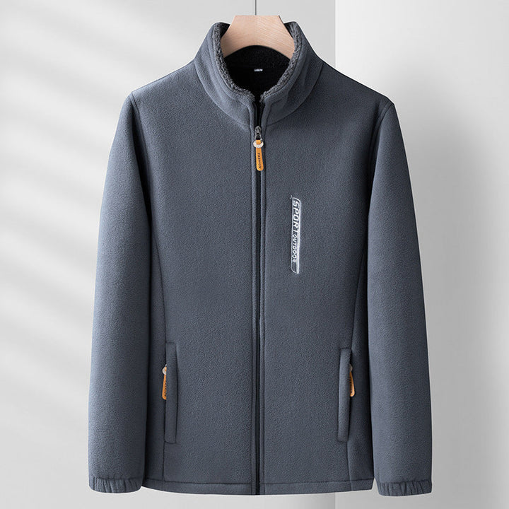 Men's plain fleece jacket with stand collar, full zip front and two zipped pockets
