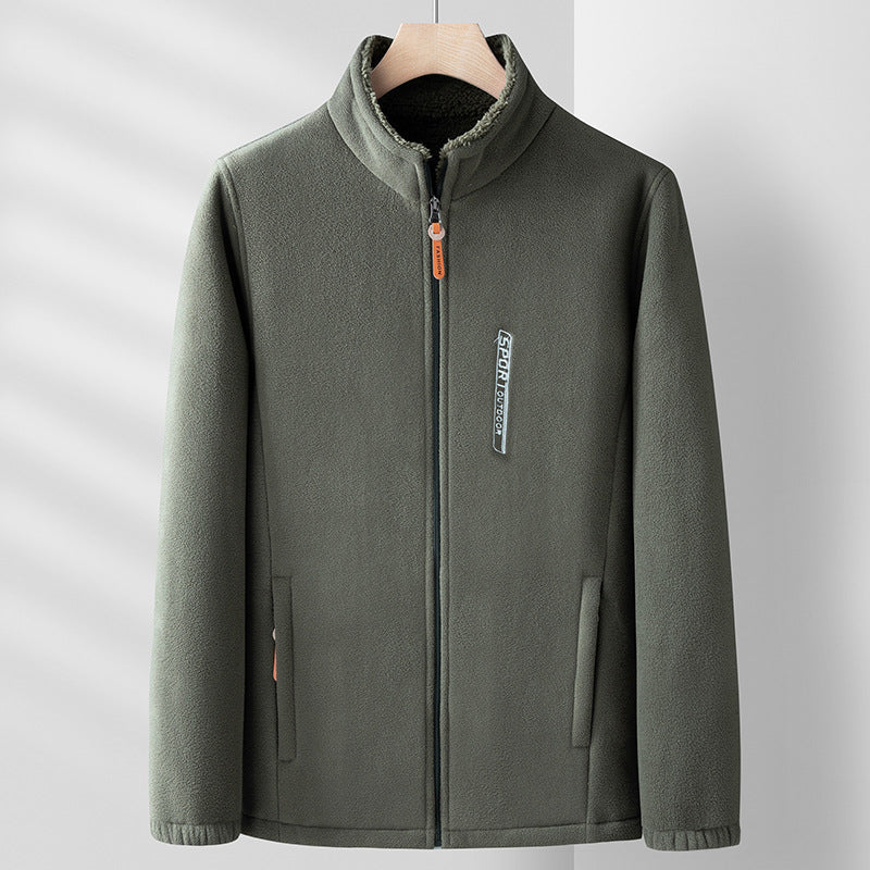 Men's plain fleece jacket with stand collar, full zip front and two zipped pockets