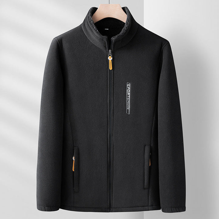 Men's plain fleece jacket with stand collar, full zip front and two zipped pockets