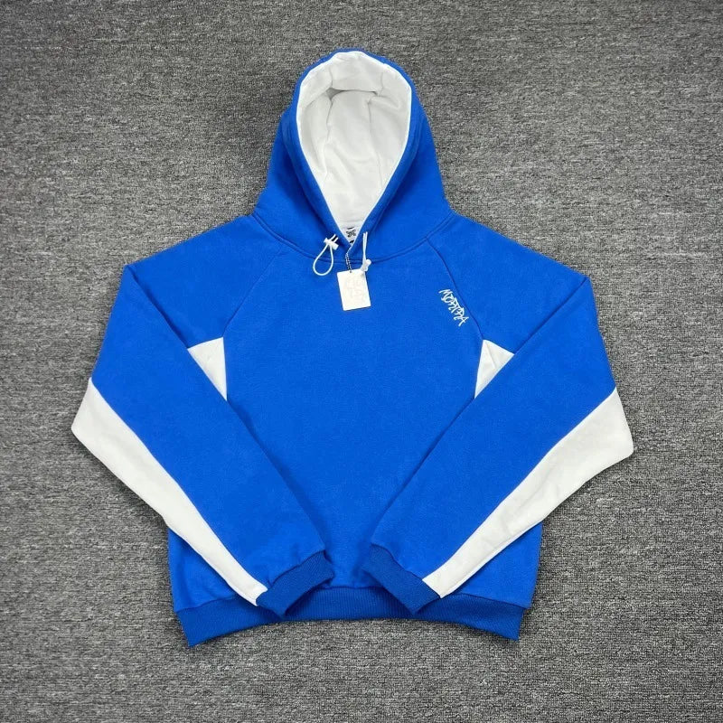 Color block hoodie in gray and blue with a hood and long sleeves