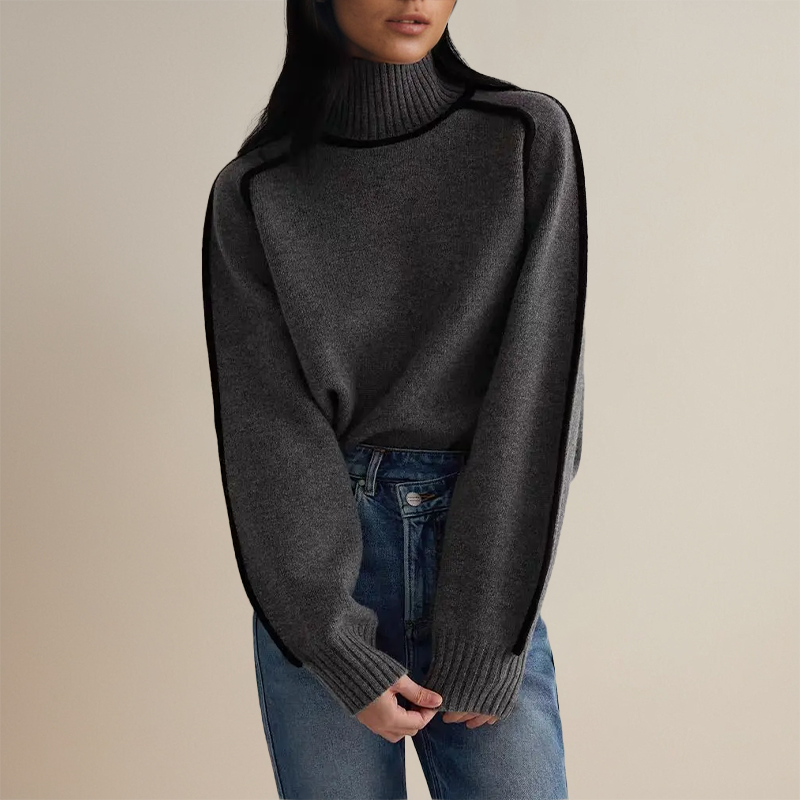 Women's knit turtleneck sweater with contrast piping and long sleeves