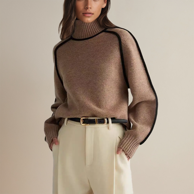 Women's knit turtleneck sweater with contrast piping and long sleeves