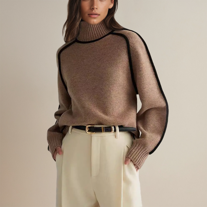 Women's knit turtleneck sweater with contrast piping and long sleeves