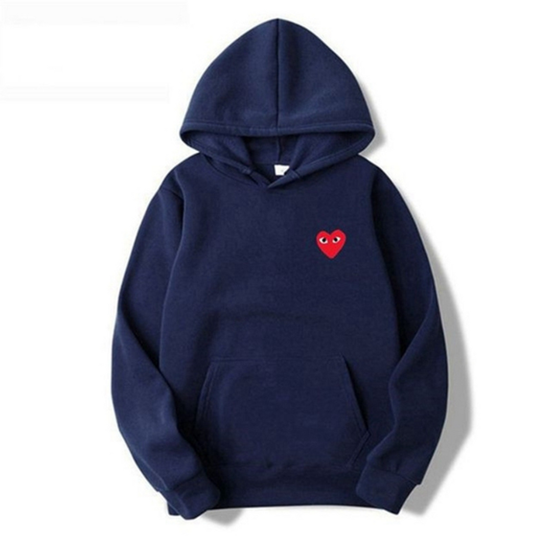 Women's pullover hoodie with hood, long sleeves, kangaroo pocket and heart eye motif