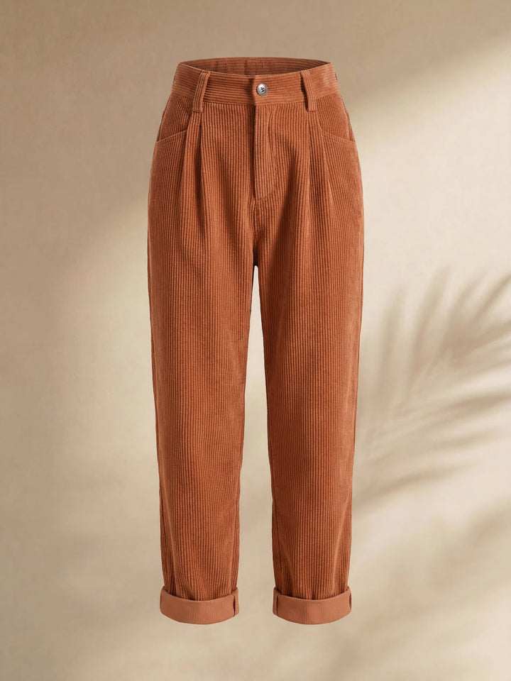 Women's high-waist corduroy trousers with straight legs, side pockets and cuffed hems