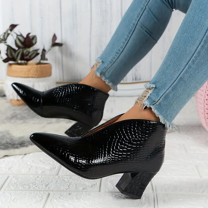 Boots For Women | Pointed Toe Textured Ankle Block Heel