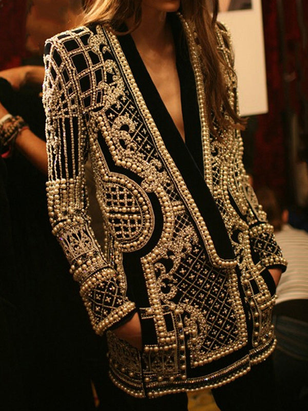 Women's embellished geometric blazer with V-neck lapels and long sleeves