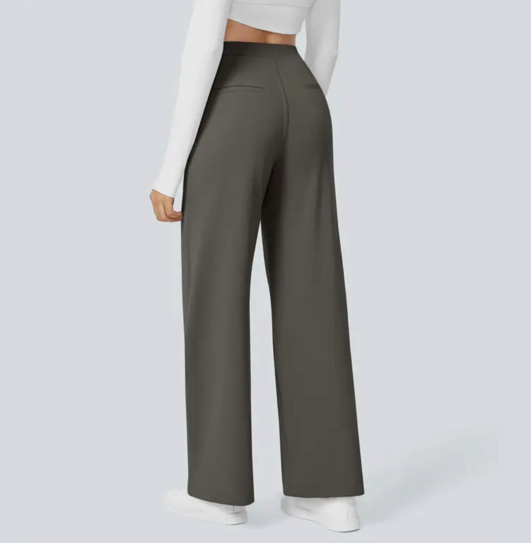 Women's high-waisted wide-leg full-length trousers shown in black and navy