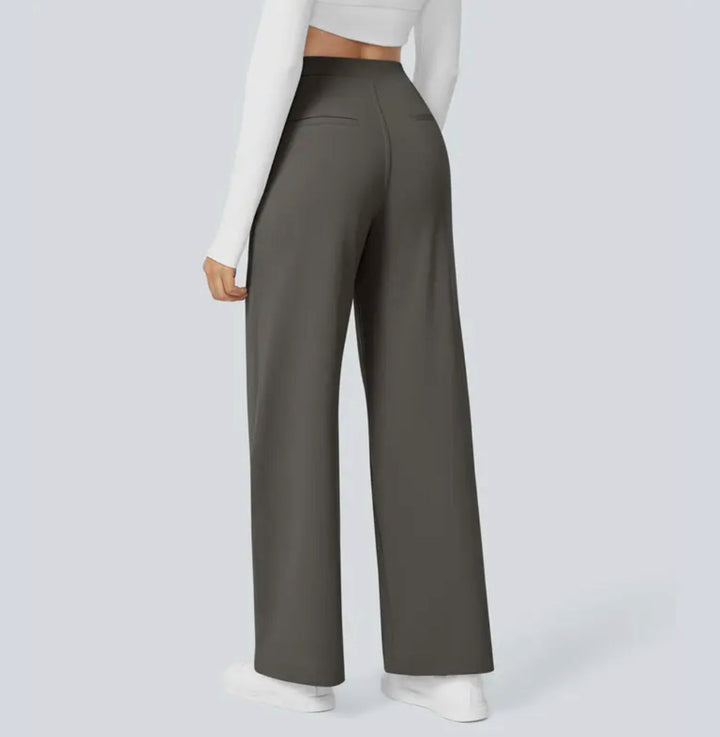 Women's high-waisted wide-leg full-length trousers shown in black and navy