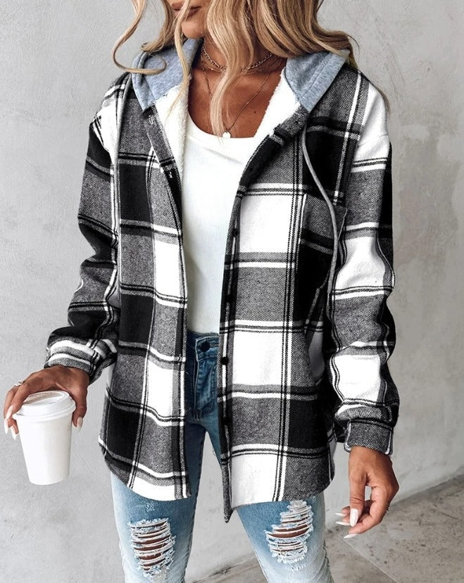 Women's checked hooded jacket with button front and long sleeves