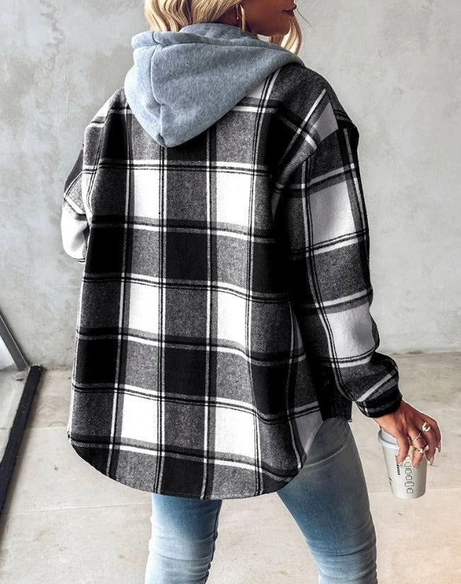 Women's checked hooded jacket with button front and long sleeves