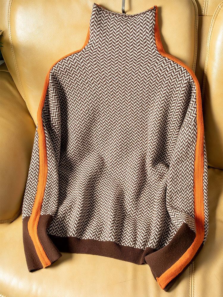 Women's herringbone turtleneck jumper with contrasting sleeve trim