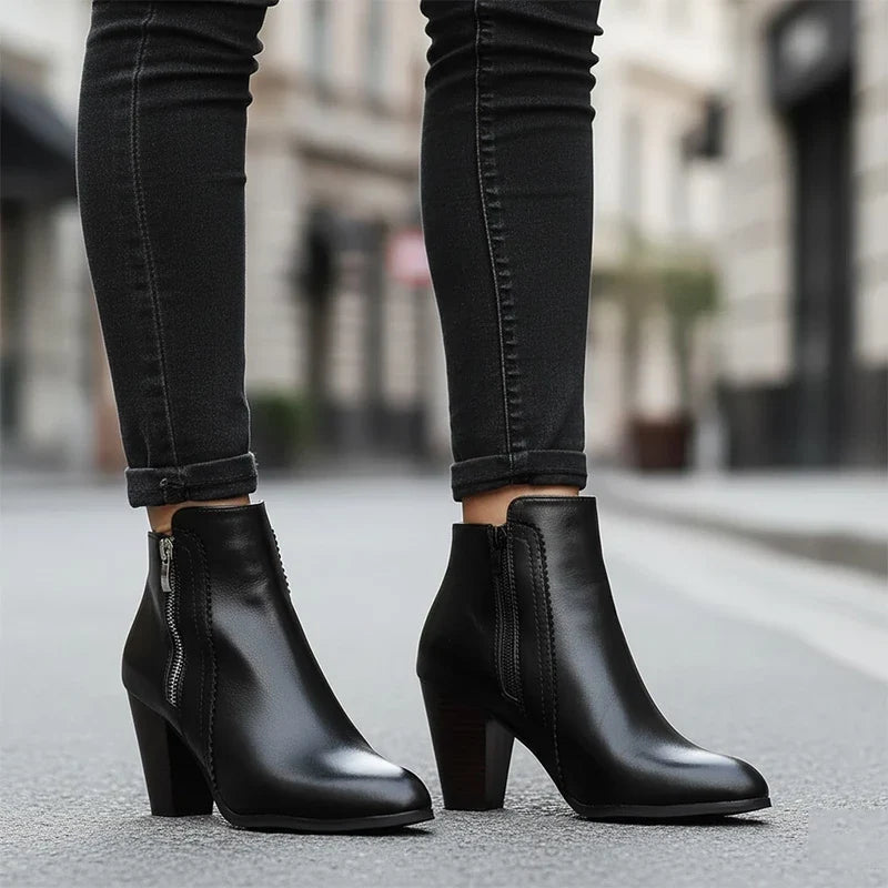 Women's ankle boots with side zippers and high block heels