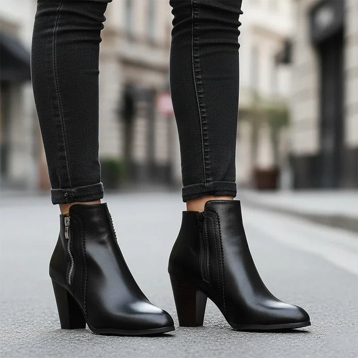 Women's ankle boots with side zippers and high block heels