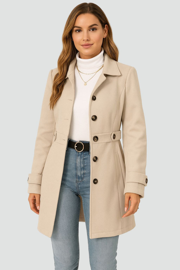 Women's belted trench coat with notched lapel, long sleeves and button front