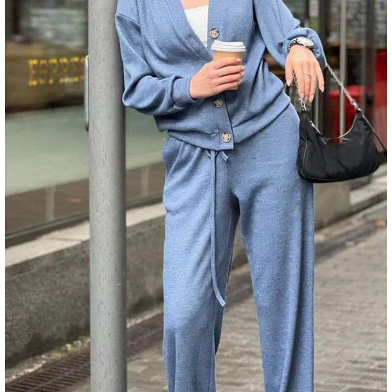 Women's long-sleeve V-neck cardigan and full-length trouser knit set