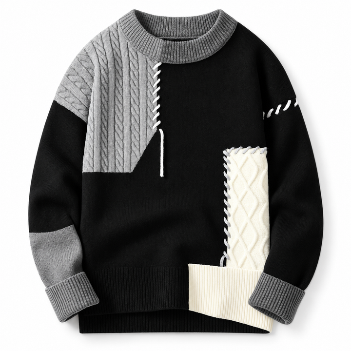 Women's patchwork cable knit sweater with crew neck and contrasting stitched panels