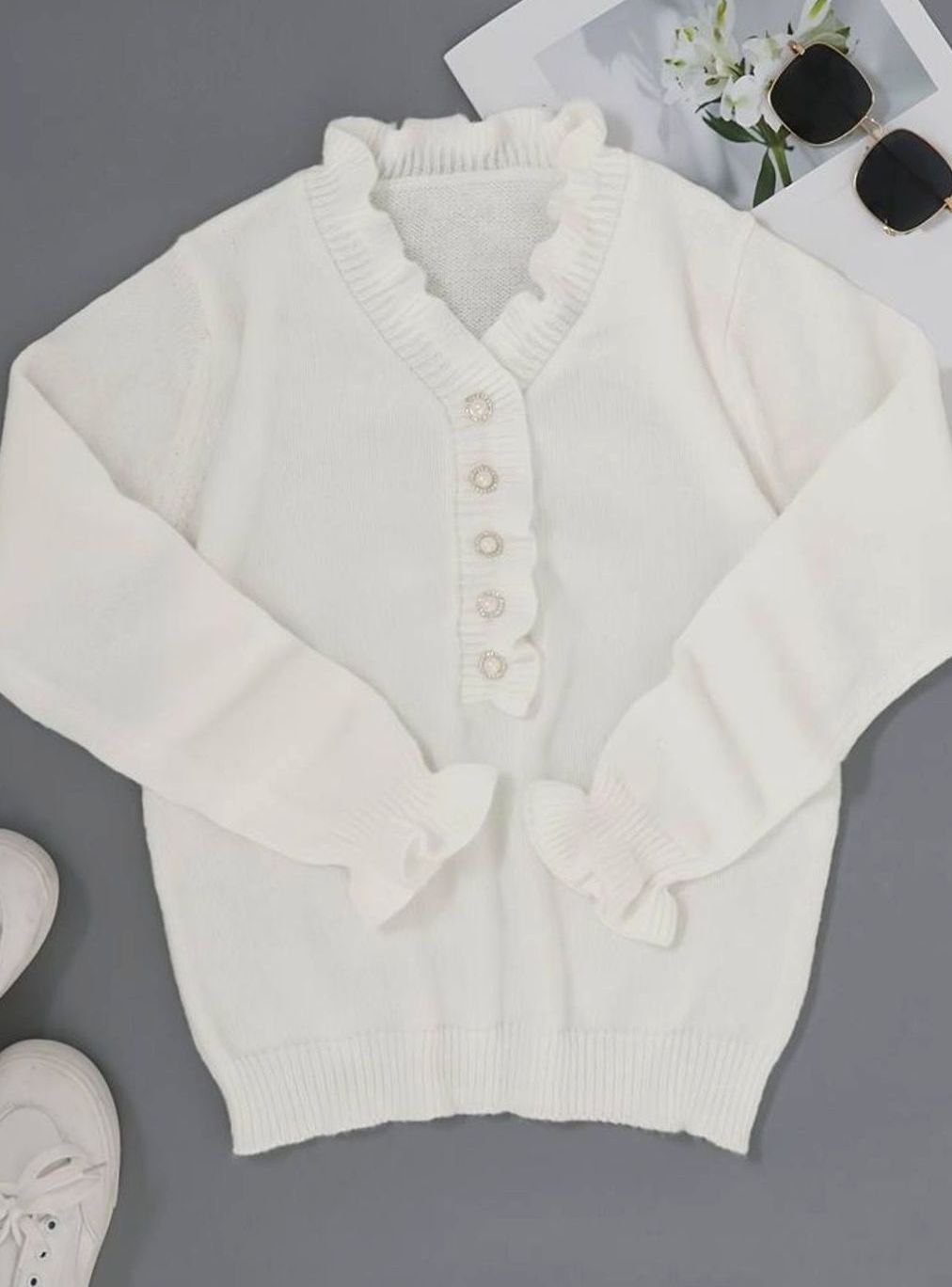 Diane | Women's Elegant Ruffled V-Neck Knit Cardigan