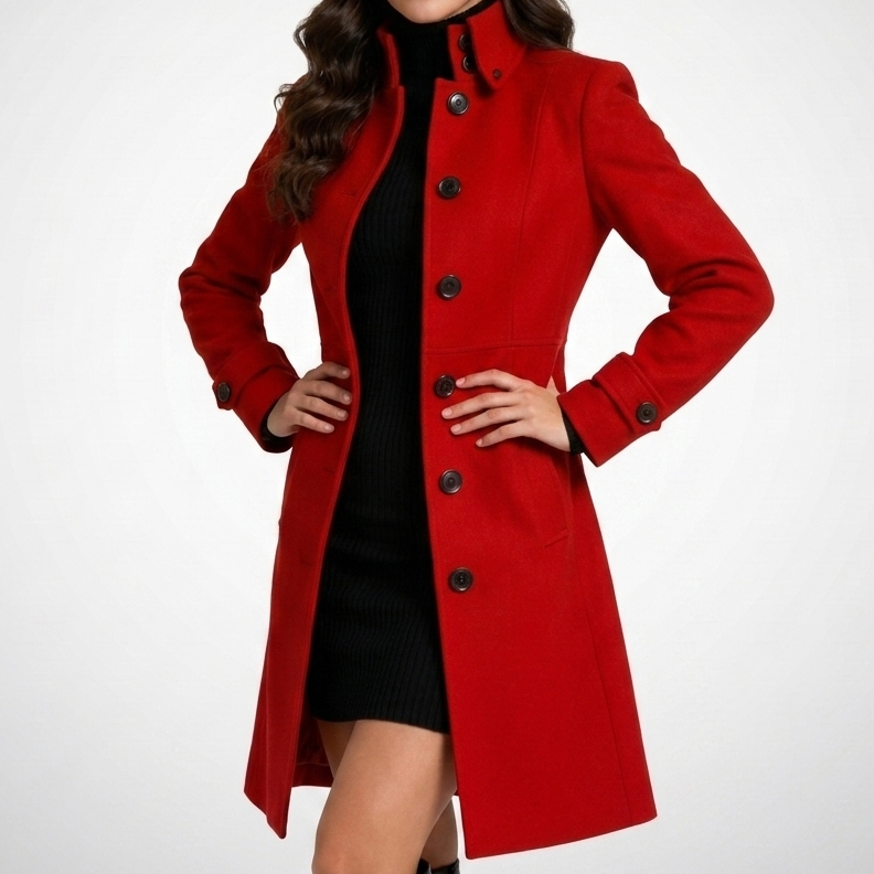 Women's long button front coat with high collar and long sleeves
