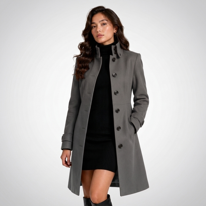 Women's long button front coat with high collar and long sleeves