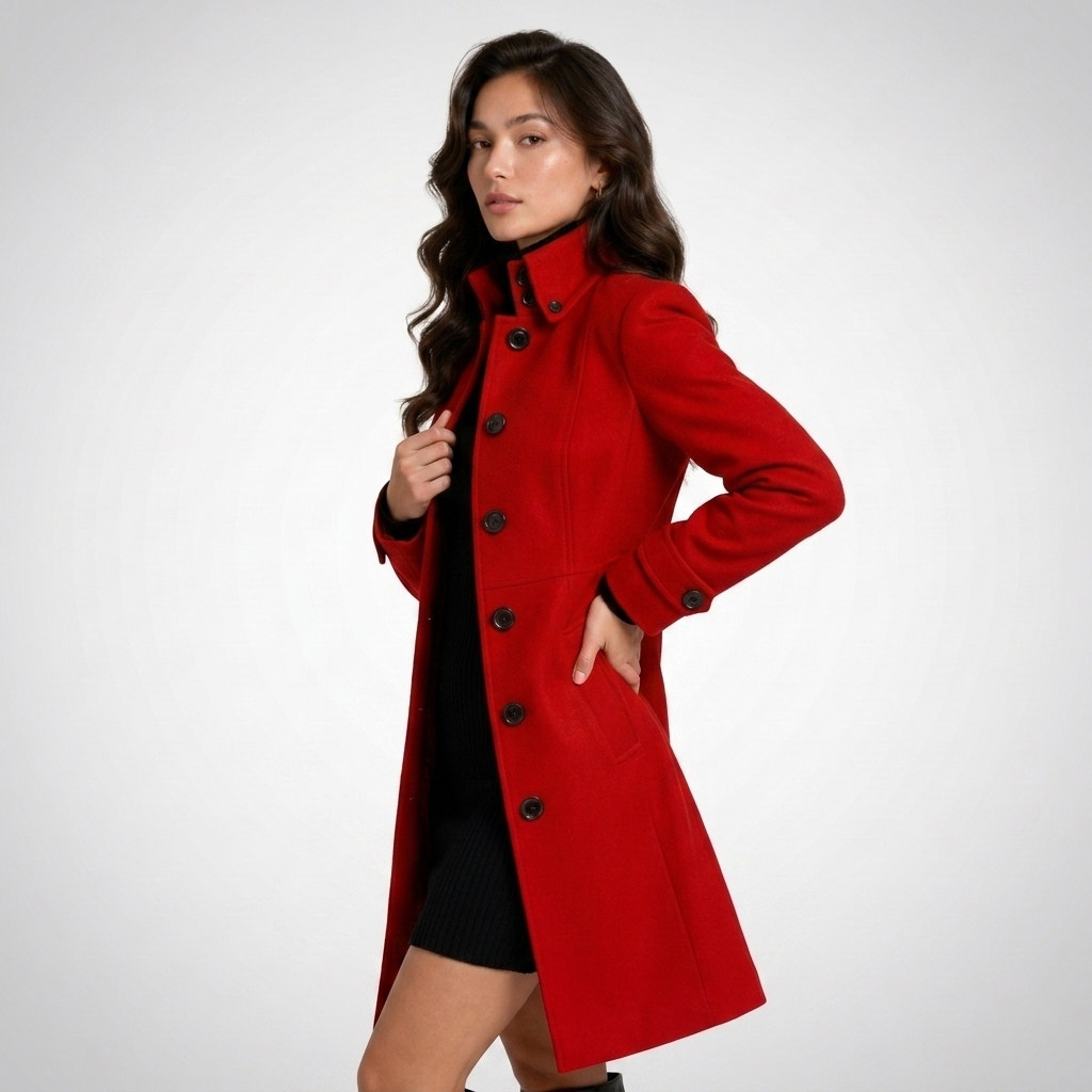 Women's long button front coat with high collar and long sleeves