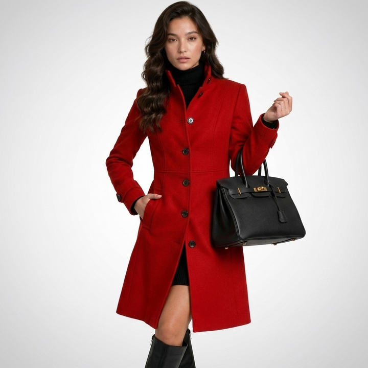 Women's long button front coat with high collar and long sleeves