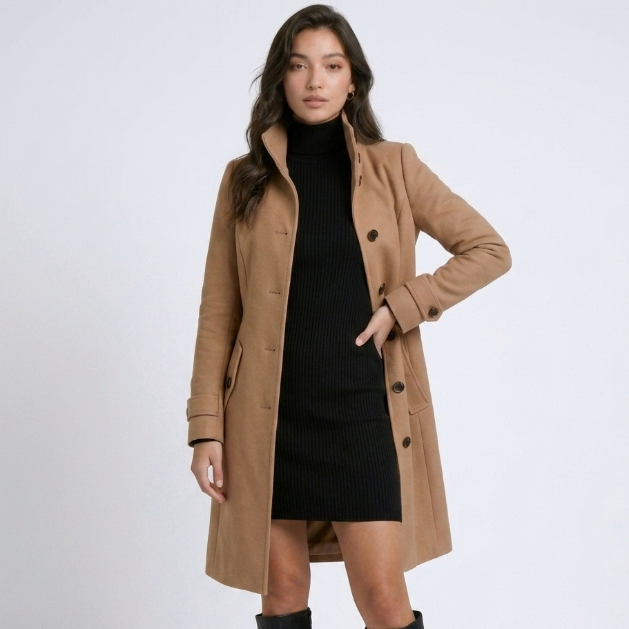 Women's long button front coat with high collar and long sleeves