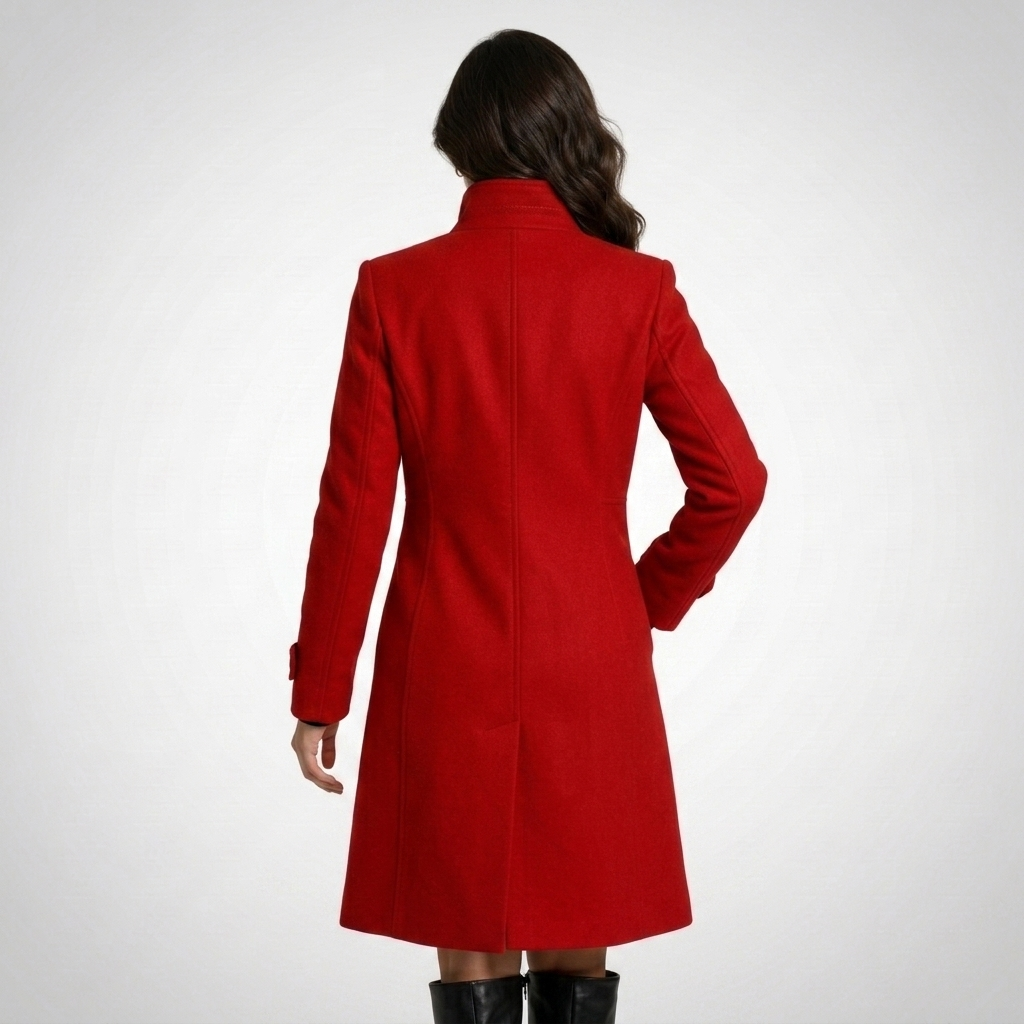 Women's long button front coat with high collar and long sleeves