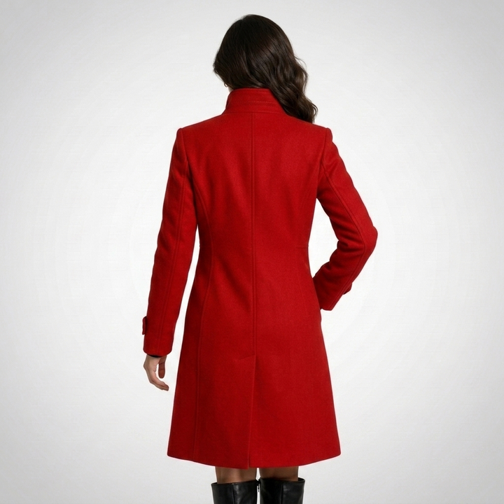 Women's long button front coat with high collar and long sleeves