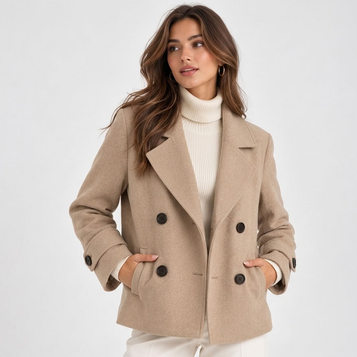 Women's short double-breasted coat with notched lapels and long sleeves
