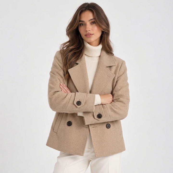 Women's short double-breasted coat with notched lapels and long sleeves