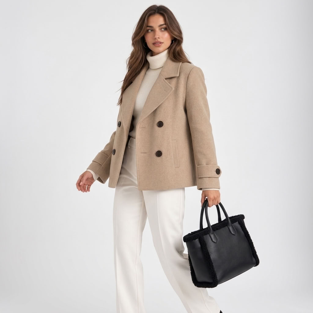 Women's short double-breasted coat with notched lapels and long sleeves