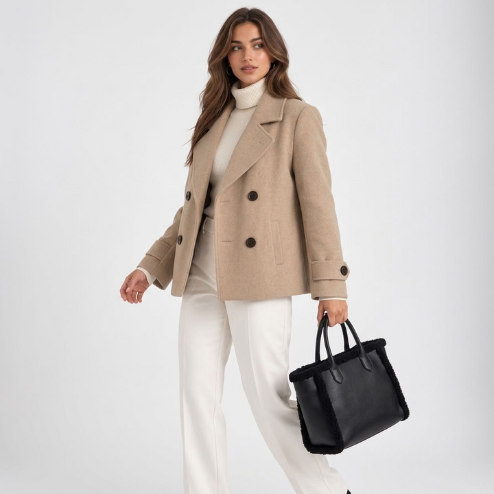 Women's short double-breasted coat with notched lapels and long sleeves