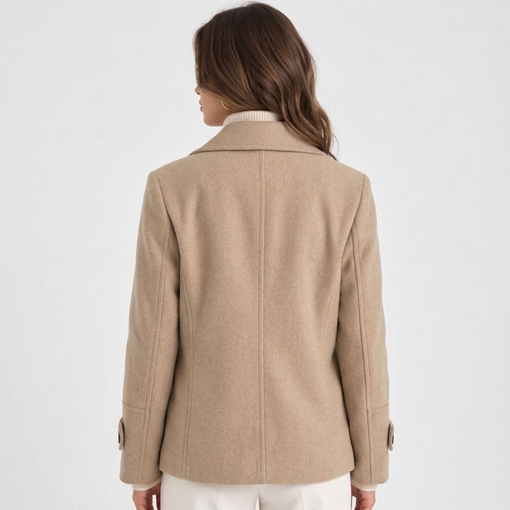 Women's short double-breasted coat with notched lapels and long sleeves