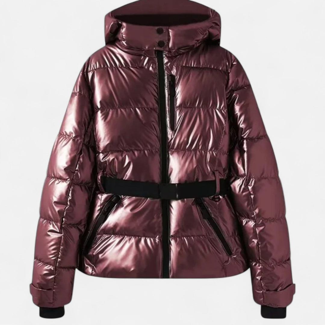 Women's hooded padded ski jacket with a belted waist and quilted panels