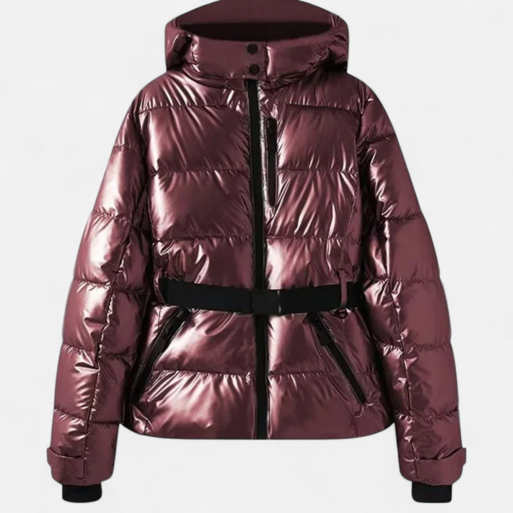 Women's hooded padded ski jacket with a belted waist and quilted panels