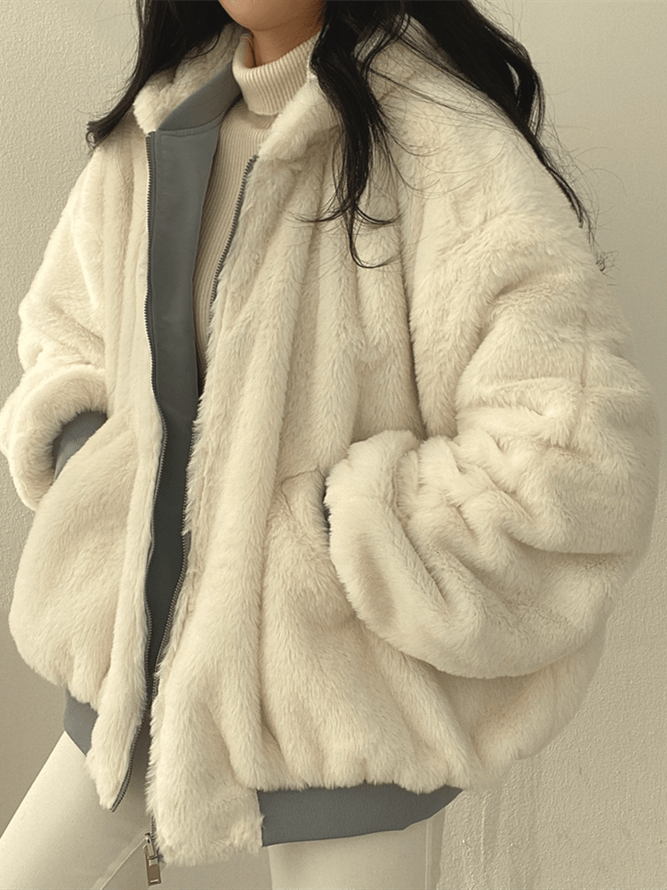 Women's reversible hooded bomber jacket with plush lining and zip front