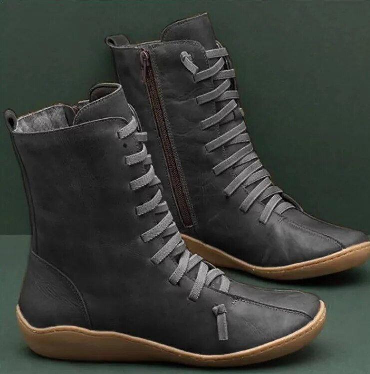 Unisex lace-up ankle boots with side zips and rounded toes
