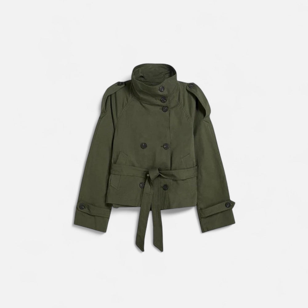 Women's short belted trench jacket with high collar, button front and long sleeves