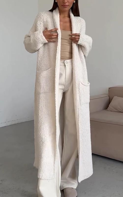 Women's longline textured cardigan with shawl collar, open front and patch pockets