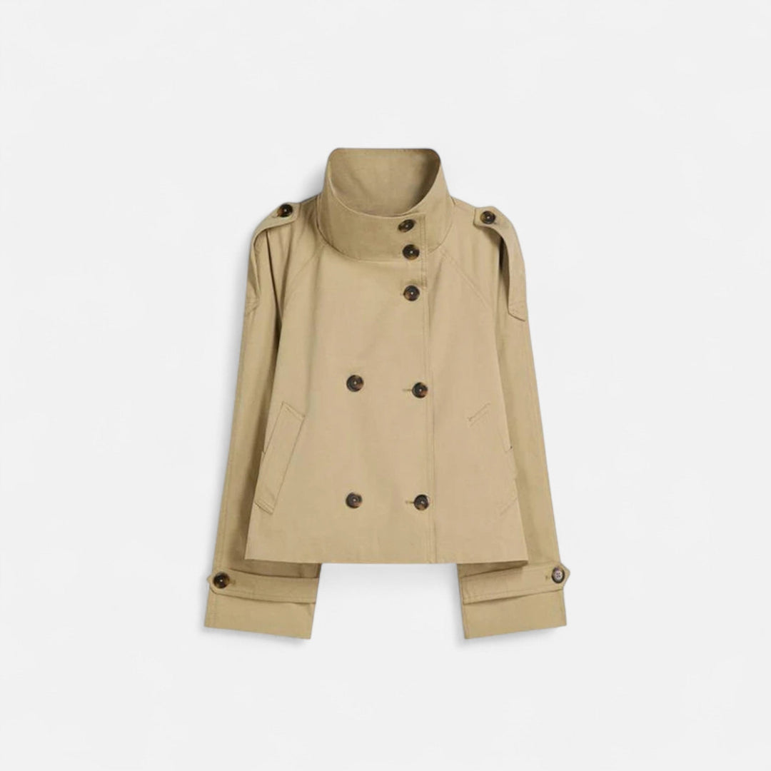 Women's short belted trench jacket with high collar, button front and long sleeves