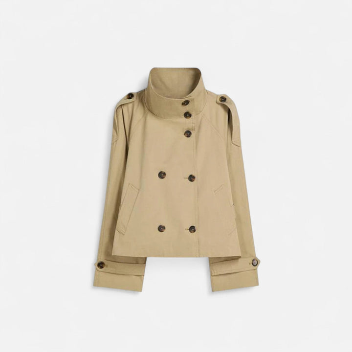 Women's short belted trench jacket with high collar, button front and long sleeves