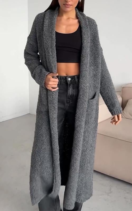 Women's longline textured cardigan with shawl collar, open front and patch pockets