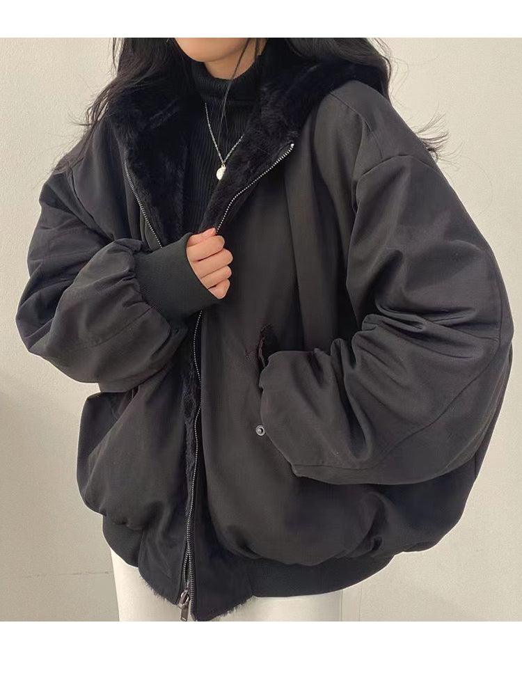 Women's reversible hooded bomber jacket with plush lining and zip front