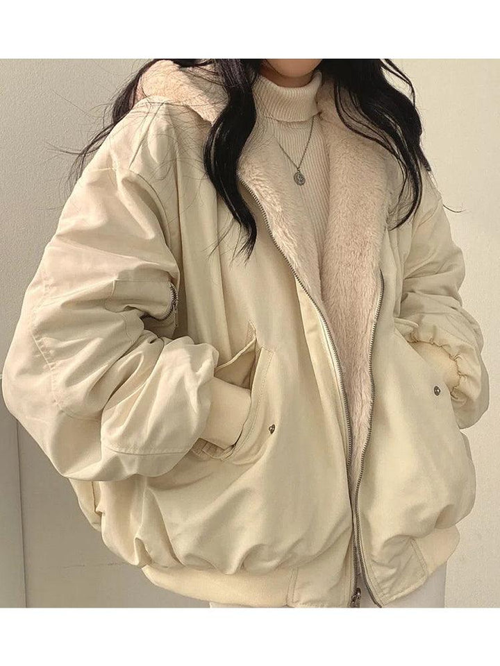 Women's reversible hooded bomber jacket with plush lining and zip front